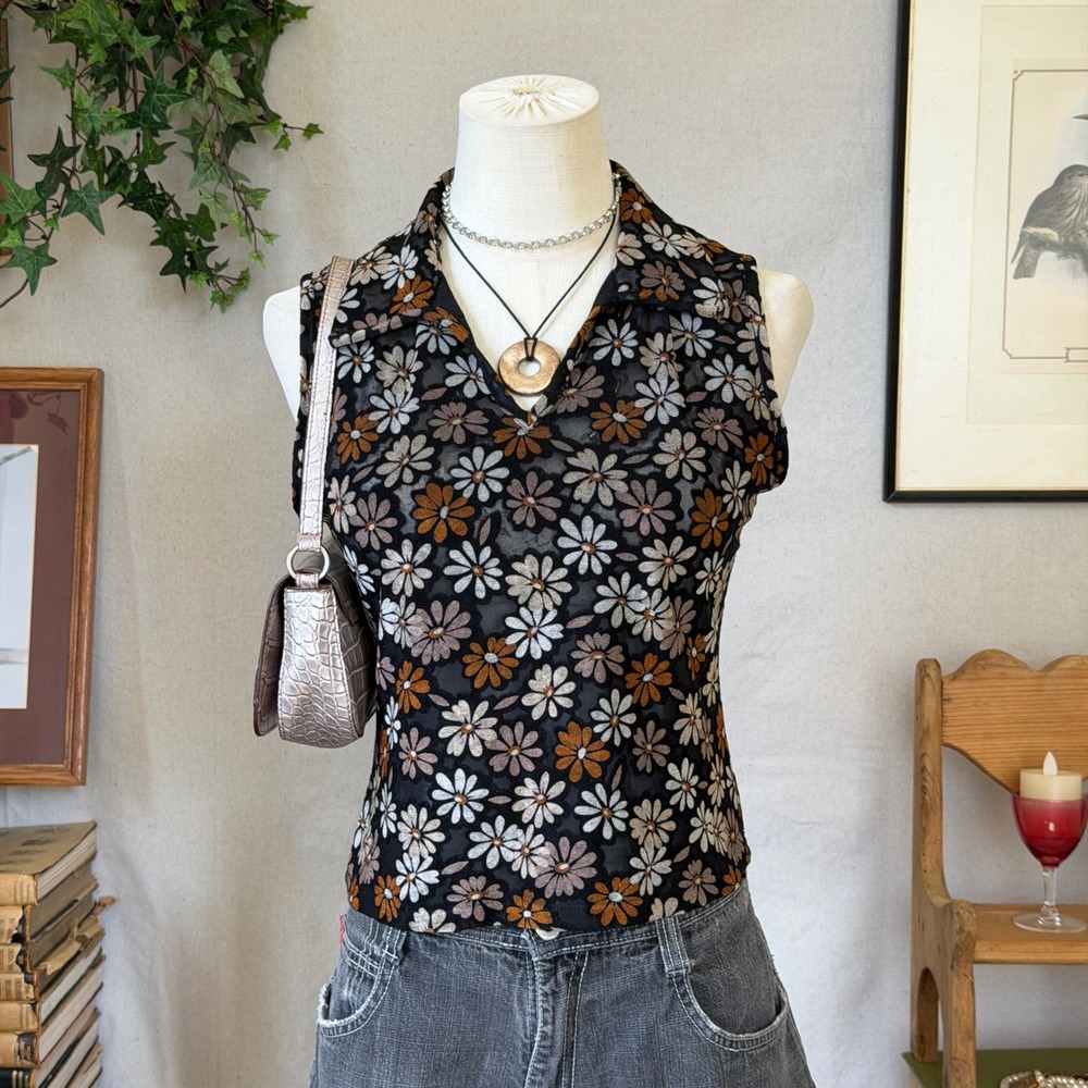 Black Floral Sheer Mesh Sleeveless Top Retro 70s Aesthetic Vintage 90s XS Indie